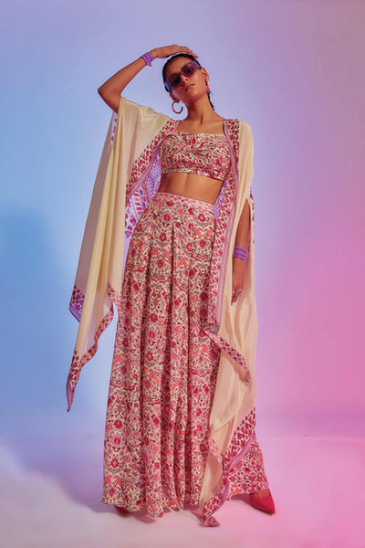 sva by sonam and paras modi Ivory Saanjh Floral Printed Pants With Bikini Bustier And Ravi Print Cape online shopping melange singapore indian designer wear