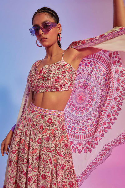 sva by sonam and paras modi Ivory Saanjh Floral Printed Pants With Bikini Bustier And Ravi Print Cape online shopping melange singapore indian designer wear