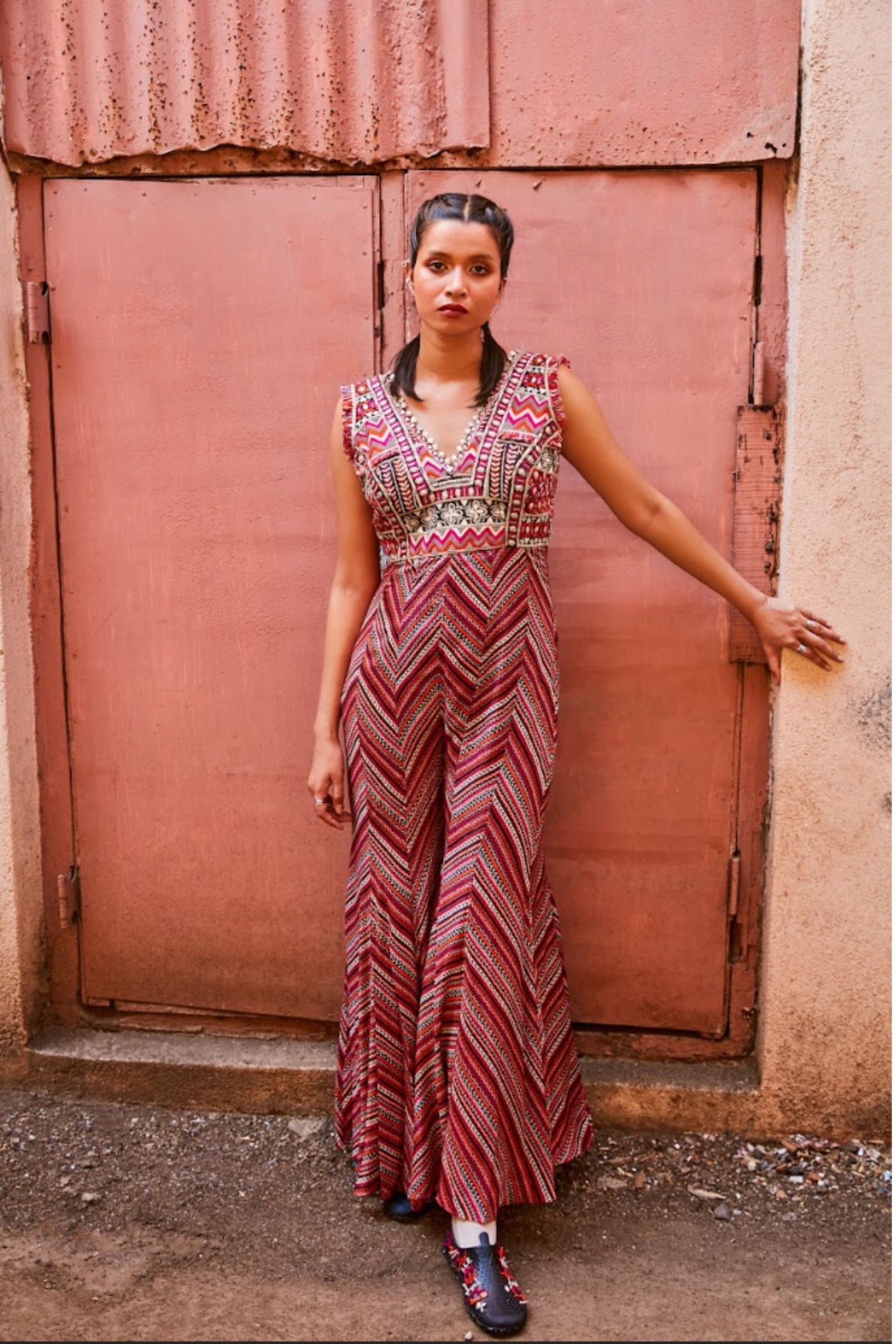 SVA Bohemain Stripe Print Bell Bottom Jumpsuit Indian designer wear online shopping melange singapore