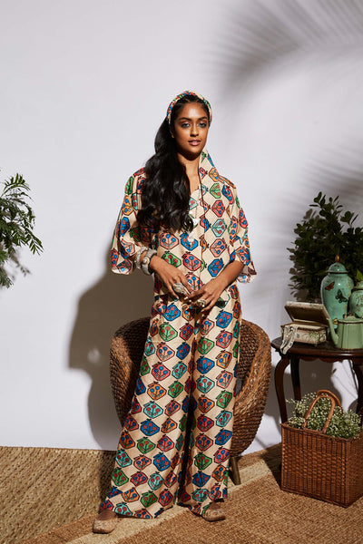 sva by sonam and paras modi Kairi Print Co-ord Set beige fusion indian designer wear online shopping melange singapore