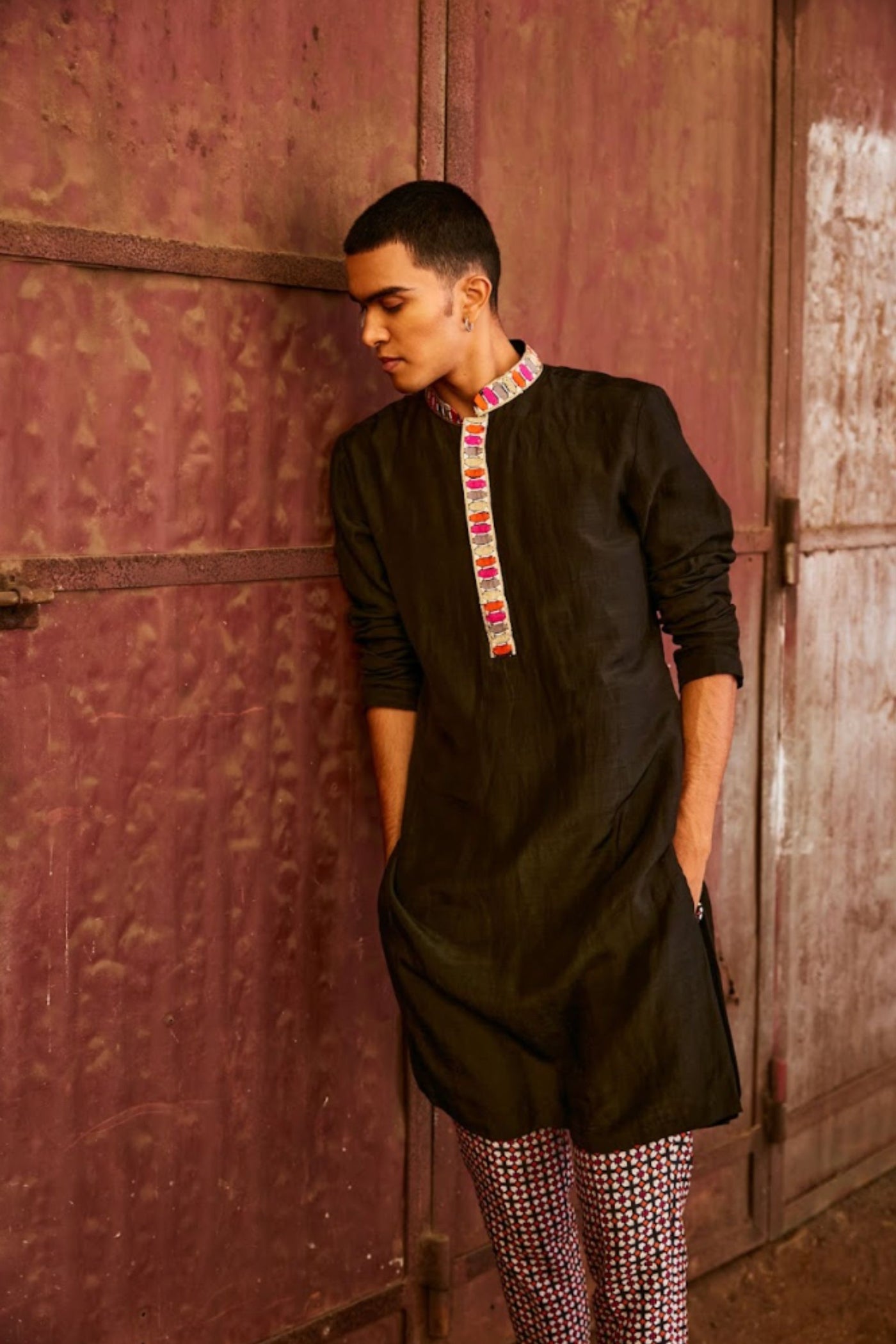 SVA Black Kurta With Highlights Collar And Pants Indian designer wear online shopping melange singapore