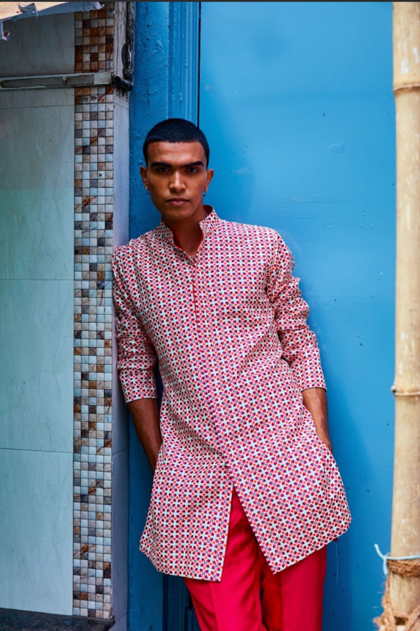 SVA Ivory Geometric Shirt Style Kurta Indian designer wear online shopping melange singapore
