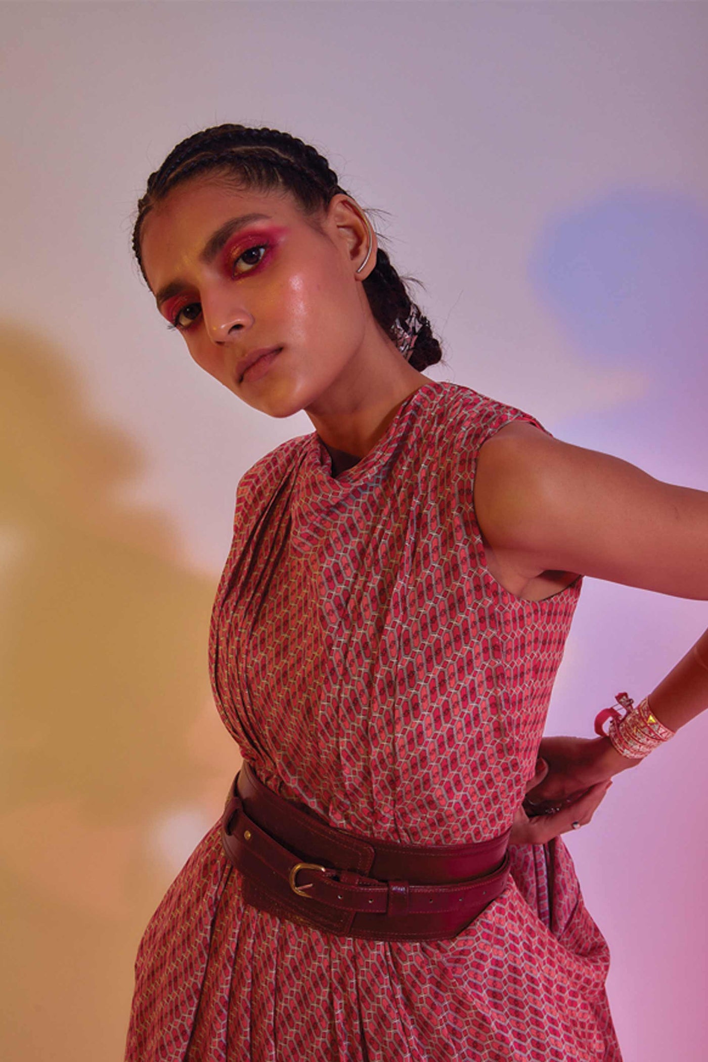 sva by sonam and paras modi Lattice Print Crop Top With Attached Drape Teamed With Pants red online shopping melange singapore indian designer wear