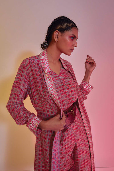 sva by sonam and paras modi Lattice Printed Camisole And Pants Teamed With An Embellished Printed Jacket red online shopping melange singapore indian designer wear