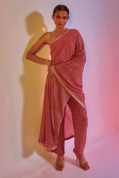 sva by sonam and paras modi Lattice Printed One Shoulder Saree With Pants red online shopping melange singapore indian designer wear