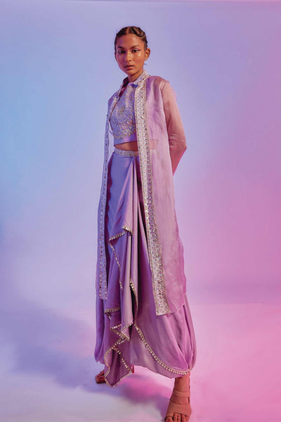 Sva by sonam and paras modi Lilac Drape Skirt Teamed With An Embellished Crop Top And Organza Jacket online shopping melange singapore indian designer wear