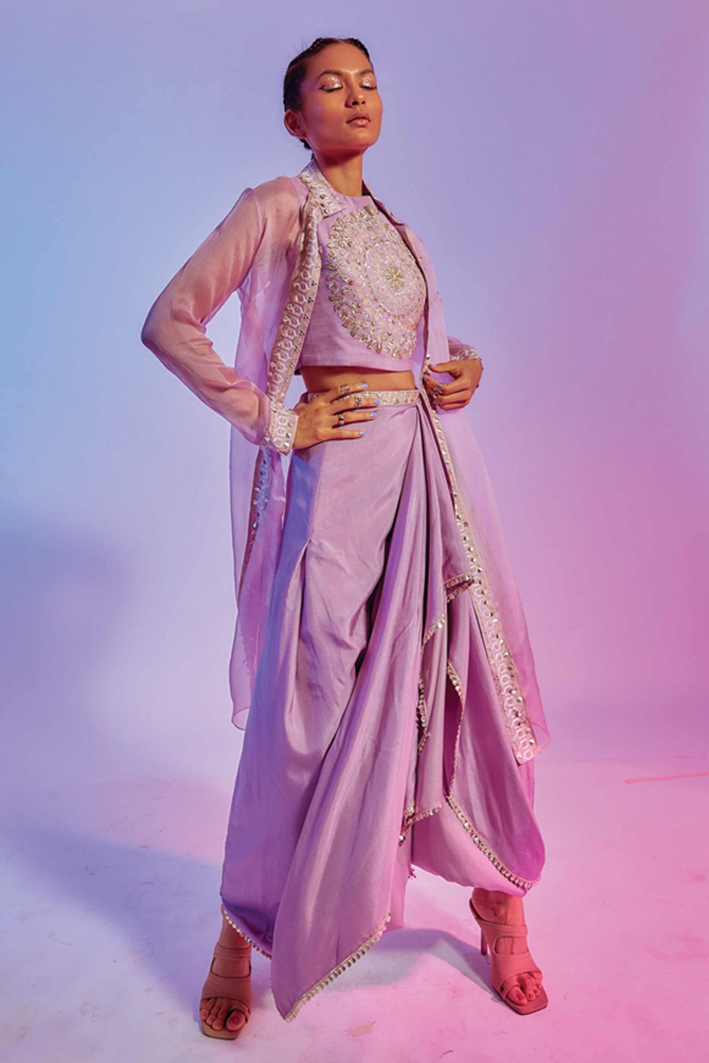 Sva by sonam and paras modi Lilac Drape Skirt Teamed With An Embellished Crop Top And Organza Jacket online shopping melange singapore indian designer wear