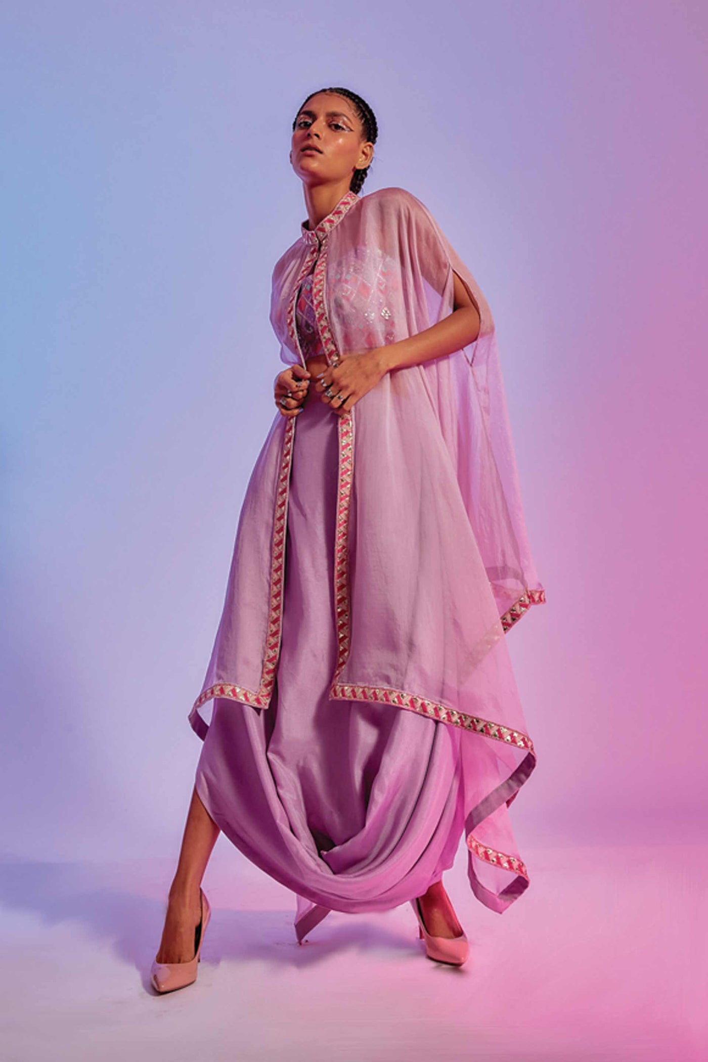 sva by sonam and paras modi Lilac Drape Skirt With Embellished Bustier Teamed With A Lilac Organza Cape online shopping melange singapore indian designer wear
