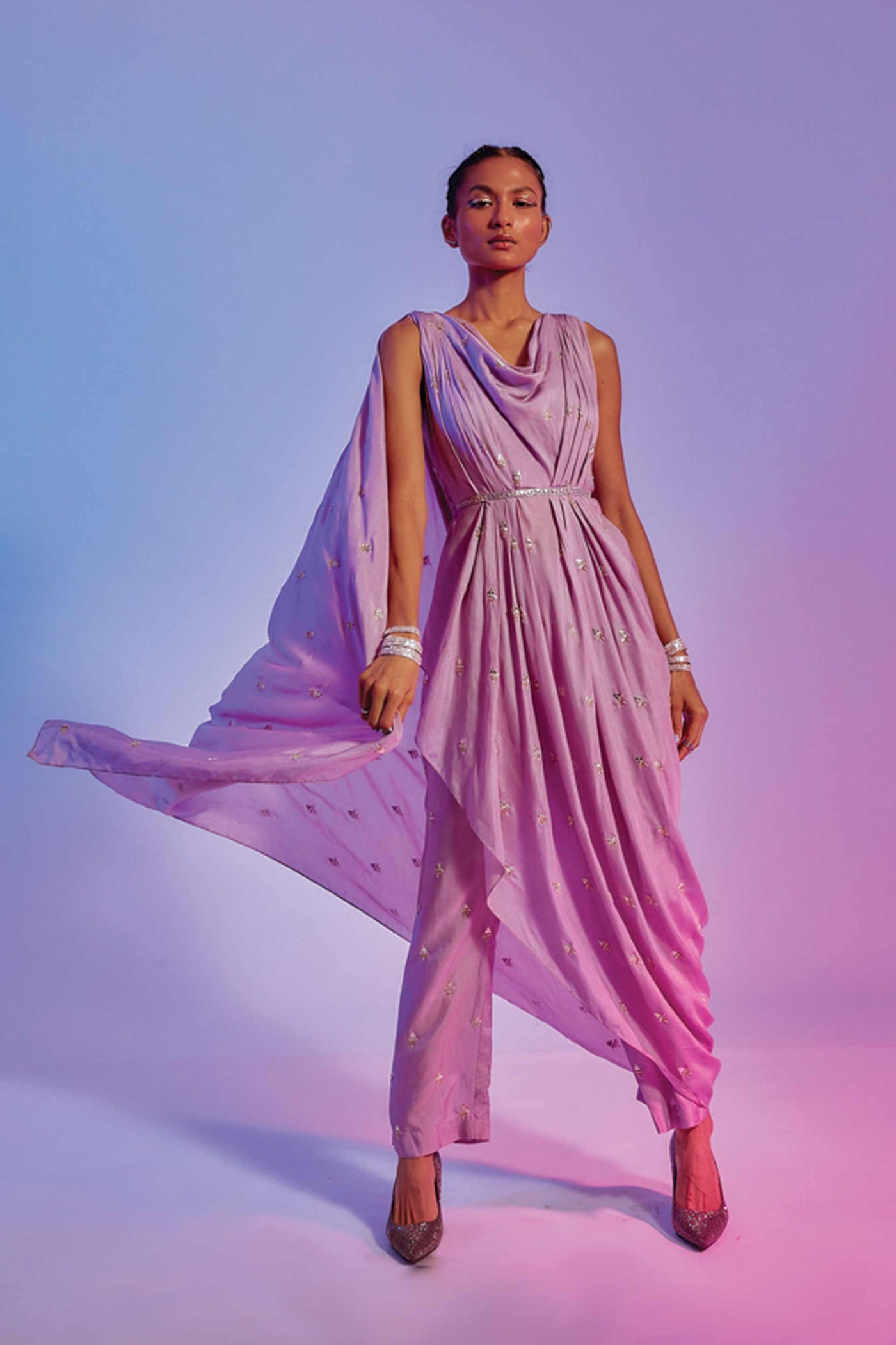 sva by sonam and paras modi Lilac Embellished Crop Top With Attached Drape Teamed With Embellished Pants online shopping melange singapore indian designer wear