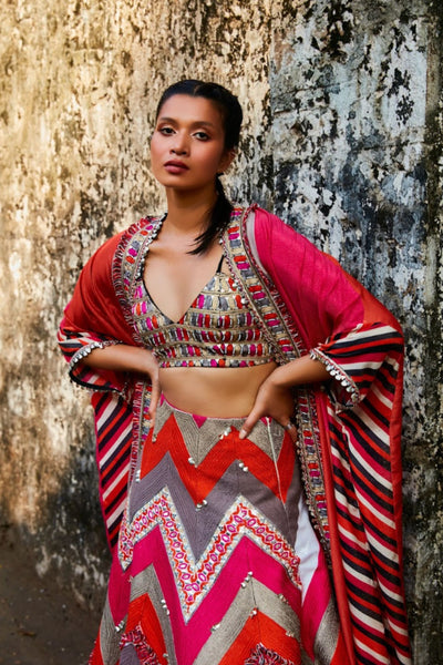 SVA Lehenga With A Colour Blocked Embellished Cape And Bustier Indian designer wear online shopping melange singapore