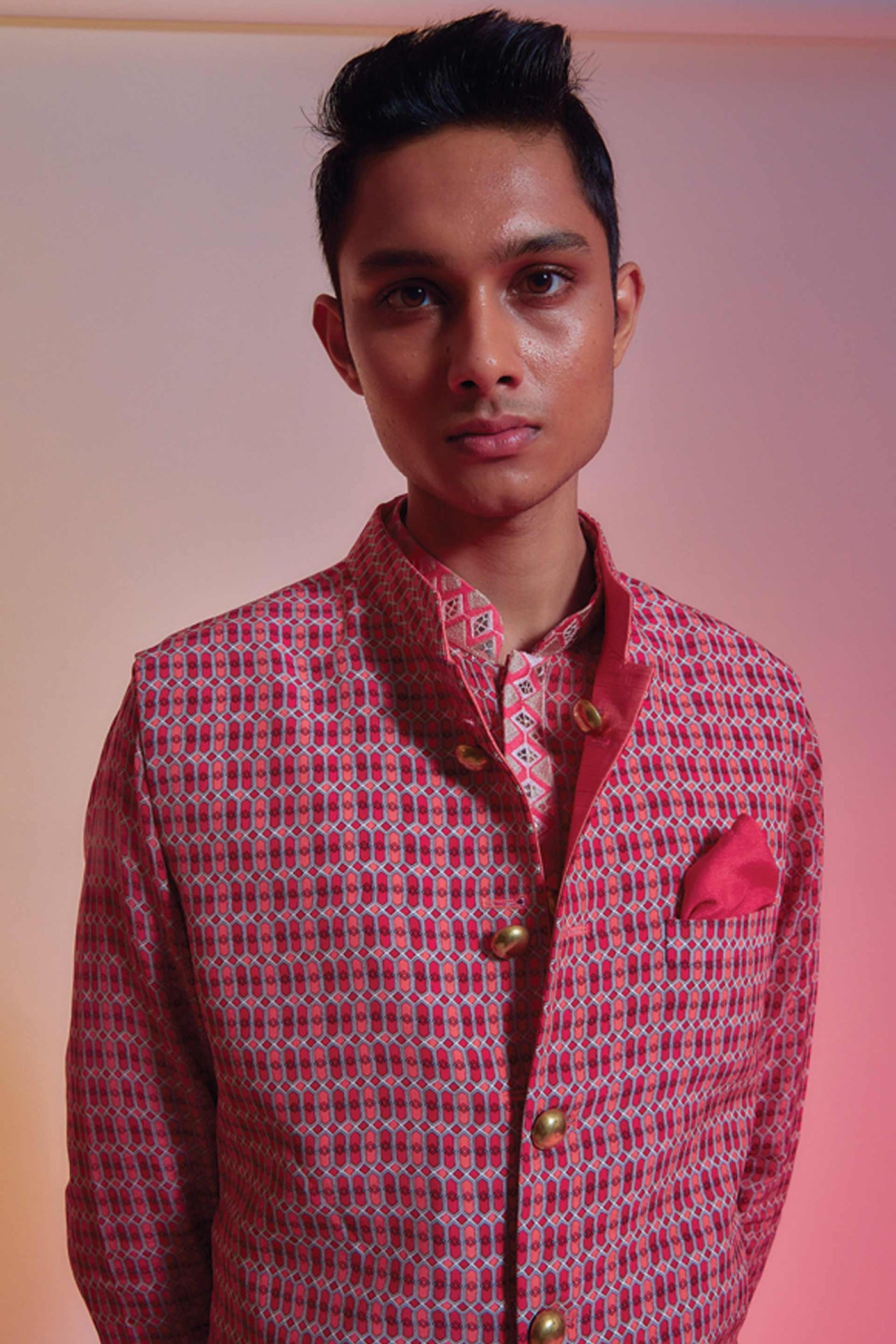 sva by sonam and paras modi menswear mens Light Coral And Lattice Reversible Bundi red online shopping melange singapore indian designer wear