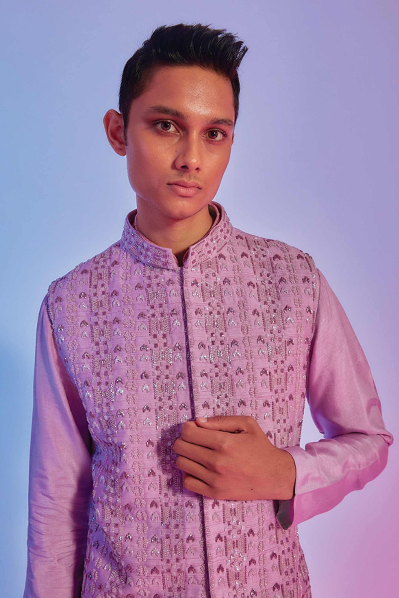 sva by sonam and paras modi menswear mens Lilac Intricate Embellished Bundi lilac online shopping melange singapore indian designer wear