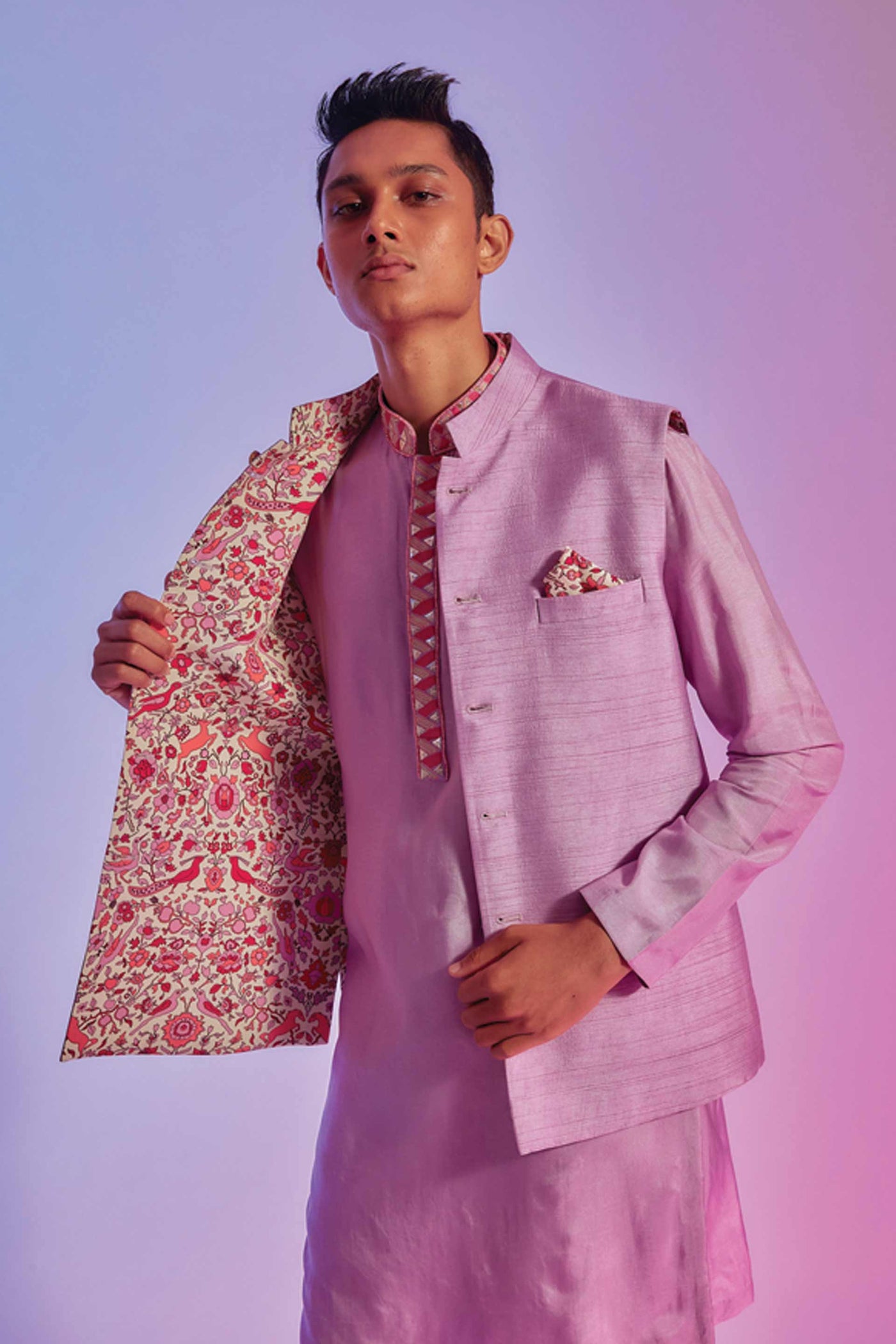 sva by sonam and paras modi menswear mens Lilac And Ivory Saanjh Floral Reversible Bundi online shopping melange singapore indian designer wear