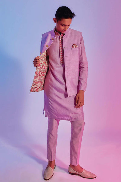 sva by sonam and paras modi menswear mens Lilac And Ivory Saanjh Floral Reversible Bundi online shopping melange singapore indian designer wear