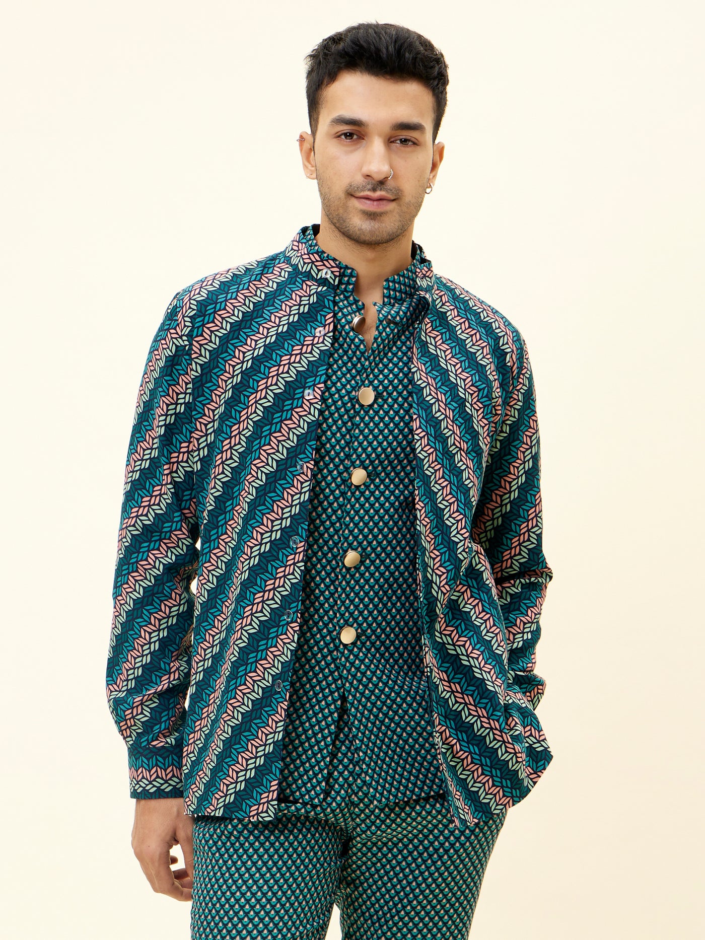 SVA Mor Aur Fuaara Blue Leaf Print Full Sleeves Shacket indian designer fashion online shopping melange singapore