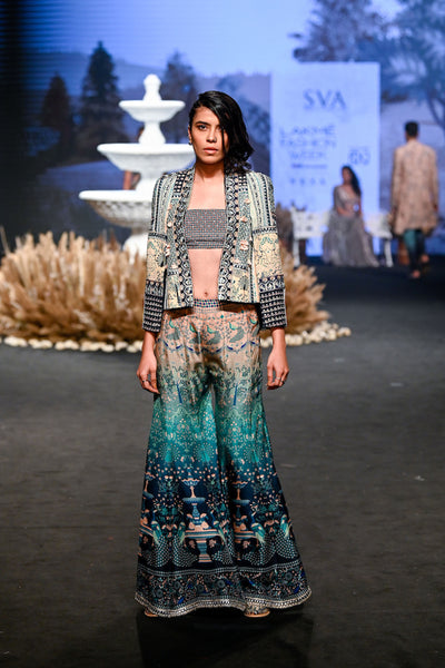 SVA Ombré mor fuaara sharara and crop top teamed with a embroidered noor jacket blue western womenswear designer fashion online shopping melange singapore