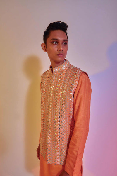 sva by sonam and paras modi menswear mens Orange Intricate Embroidered Bundi online shopping melange singapore indian designer wear