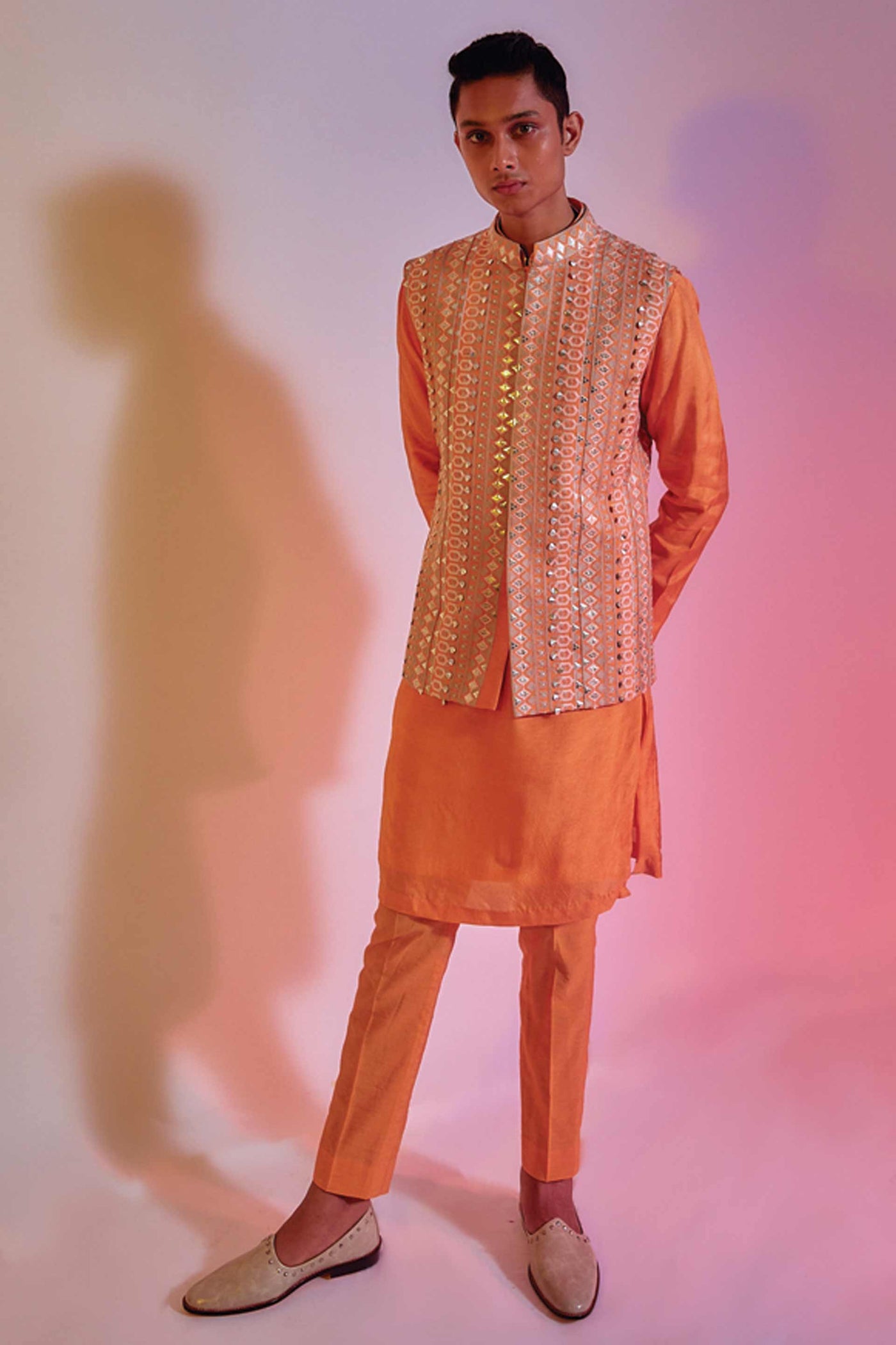 sva by sonam and paras modi menswear mens Orange Intricate Embroidered Bundi online shopping melange singapore indian designer wear