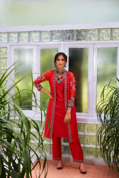 sva by sonam and paras modi Orange embroidered open jacket with inner and pants  Festive fusion Indian designer wear online shopping melange singapore indian designer wear