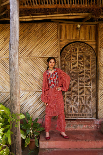 sva by sonam and paras modi Orange leaf print dolmen sleeves tunic with pants  Festive fusion Indian designer wear online shopping melange singapore indian designer wear