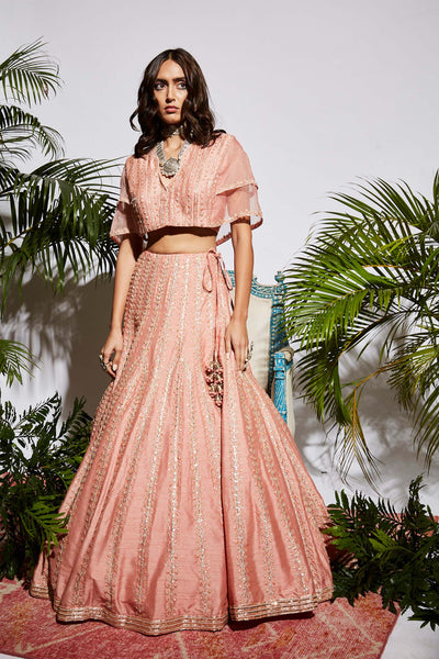 sva by sonam and paras modi Peach Lehenga With Cape Blouse bridal wedding indian designer wear online shopping melange singapore