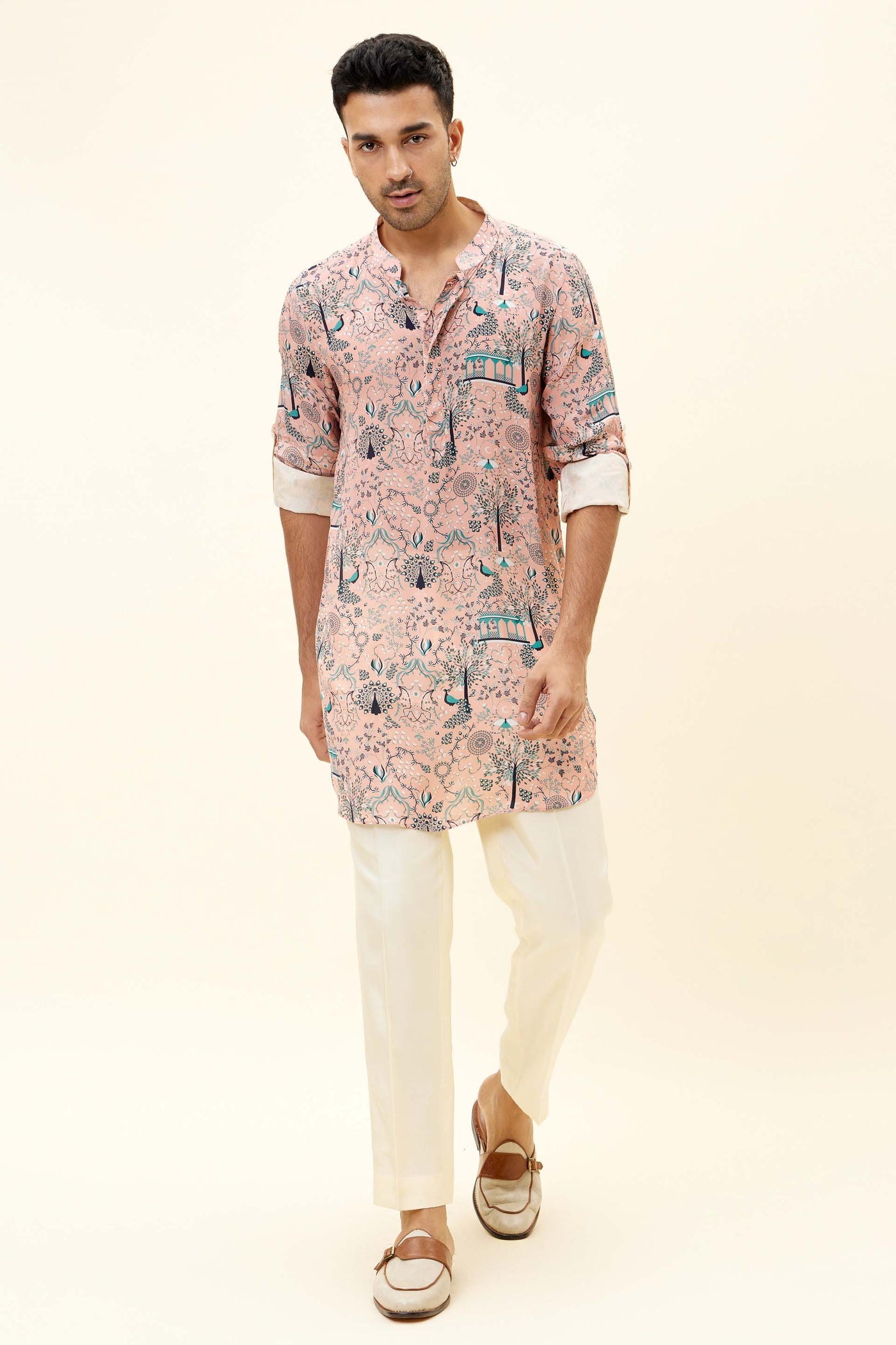 SVA Pink Mor Jaal Print Short Shirt Style Kurta With Rolled Up Sleeves Indian designer fashion online shopping melange singapore