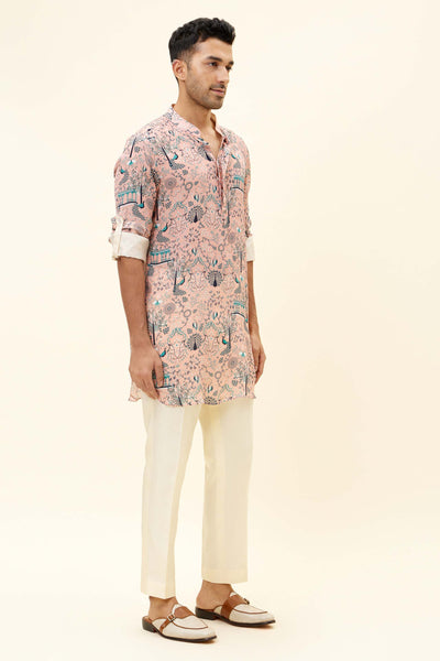 SVA Pink Mor Jaal Print Short Shirt Style Kurta With Rolled Up Sleeves Indian designer fashion online shopping melange singapore