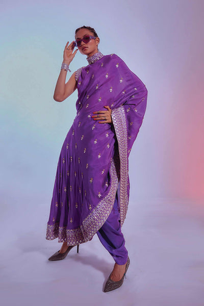 sva by sonam and paras modi Purple Embellished Drape Saree With Dhoti Pants online shopping melange singapore indian designer wear