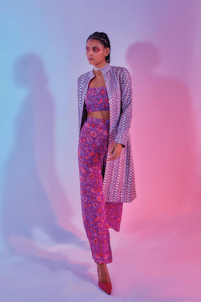 sva by sonam and paras modi Purple Embellished Summer Coat With Saanjh Floral Printed Bustier And Pants online shopping melange singapore indian designer wear
