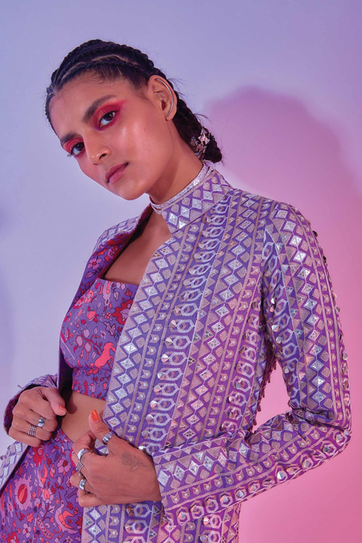 sva by sonam and paras modi Purple Embellished Summer Coat With Saanjh Floral Printed Bustier And Pants online shopping melange singapore indian designer wear