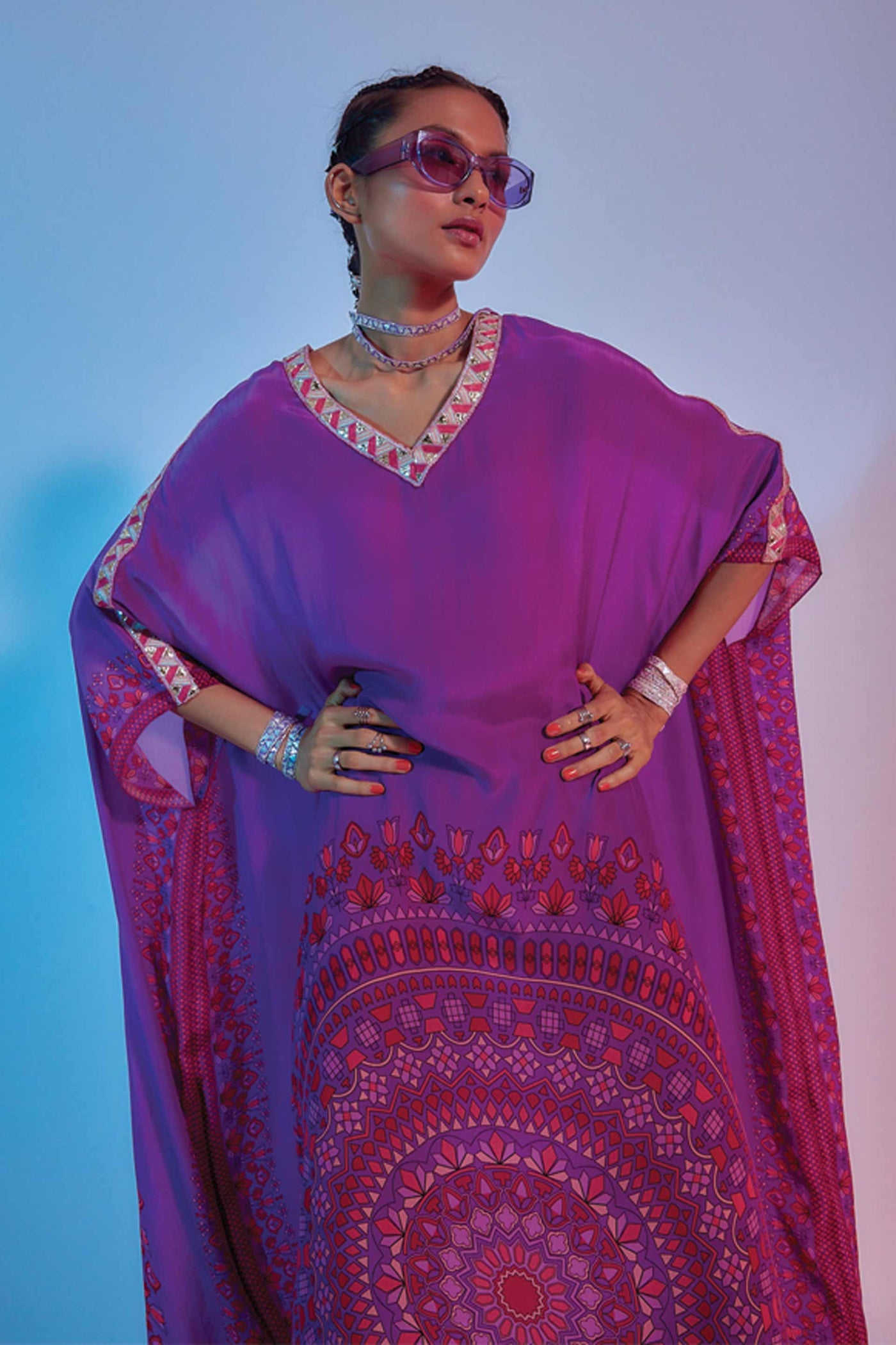 sva by sonam and paras modi Purple Ravi Print Kaftan With Embellished Neckline online shopping melange singapore indian designer wear