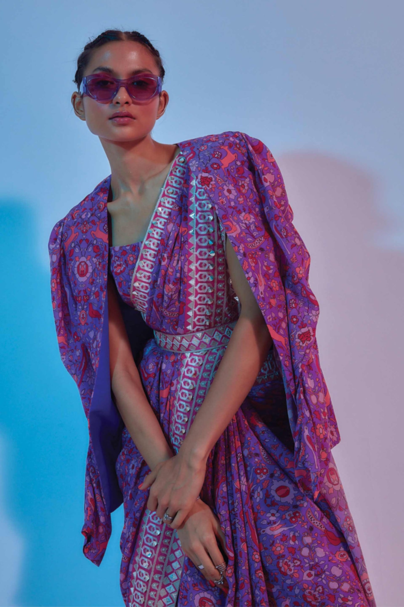 sva by sonam and paras modi Purple Saanjh Printed Saree Set online shopping melange singapore indian designer wear