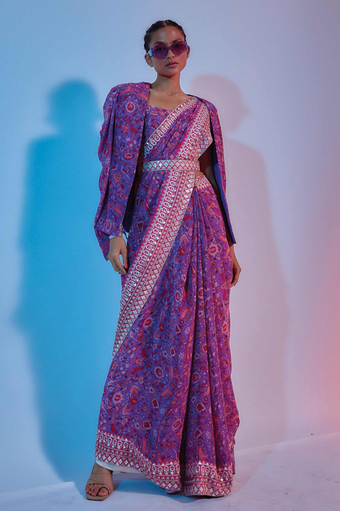 sva by sonam and paras modi Purple Saanjh Printed Saree Set online shopping melange singapore indian designer wear