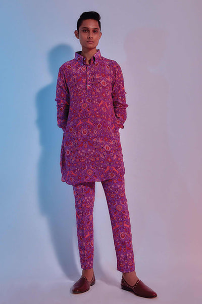 sva by sonam and paras modi menswear mens Purple Saanjh Floral Printed Shirt Style Kurta online shopping melange singapore indian designer wear
