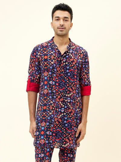 SVA Rasa Blue Jaal Print Short Shirt Style Kurta With Pants indian designer fashion online shopping melange singapore