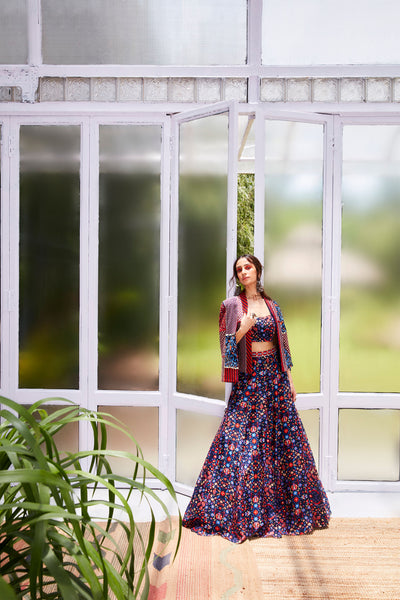 sva by sonam and paras modi  Rasa blue jaal print lehenga with bustier and patchwork noor jacket Festive fusion Indian designer wear online shopping melange singapore indian designer wear