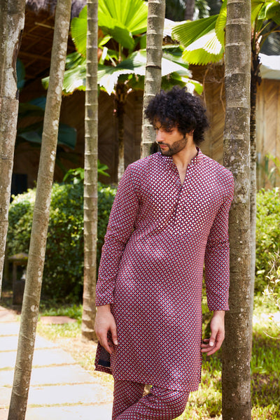sva by sonam and paras modi SVA Rasa red geo printed kurta with pants  Festive fusion Indian designer wear online shopping melange singapore indian designer wear