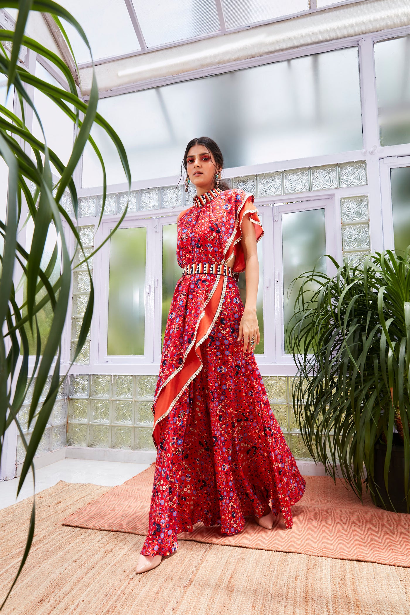 sva by sonam and paras modi Red Croptop With Red Jaal Attached Drape With Sharara Pants & Belt Festive fusion Indian designer wear online shopping melange singapore indian designer wear