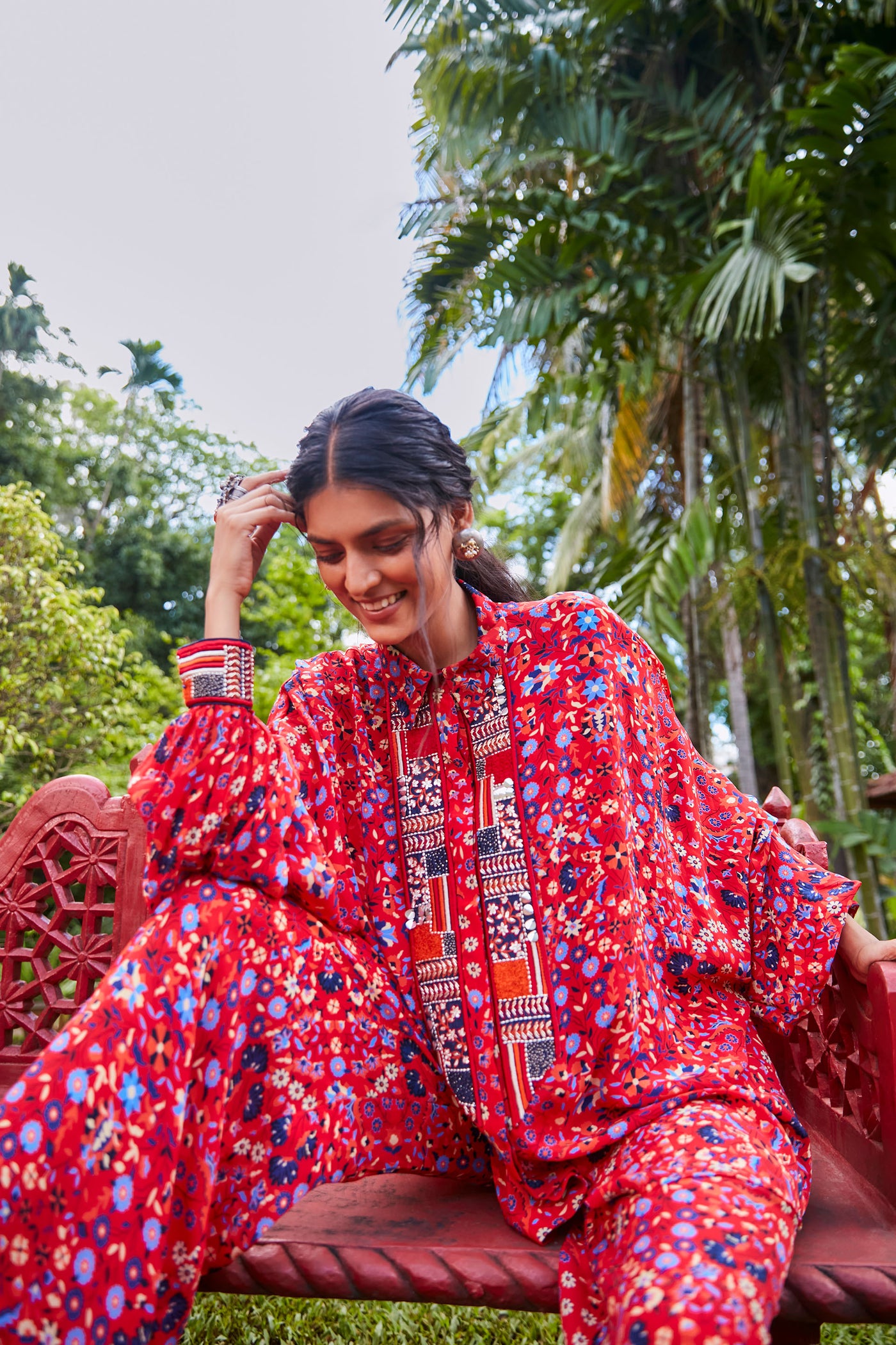 sva by sonam and paras modi SVA  Red rasa jaal oversized shirt with embroidered patchwork and pants Festive fusion Indian designer wear online shopping melange singapore indian designer wear