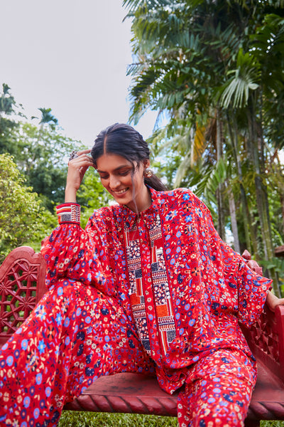 sva by sonam and paras modi SVA  Red rasa jaal oversized shirt with embroidered patchwork and pants Festive fusion Indian designer wear online shopping melange singapore indian designer wear