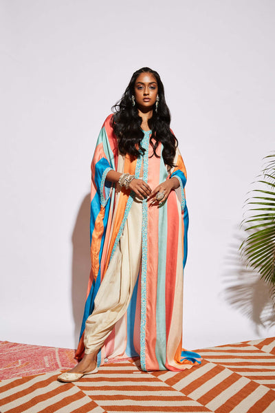 Sva by sonam and paras modi Stripe Print Cape Jacket Set multicolor fusion indian designer wear online shopping melange singapore