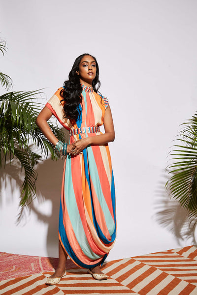 Sva by sonam and paras modi Stripe Print Drape Dress multicolor fusion western indian designer wear online shopping melange singapore