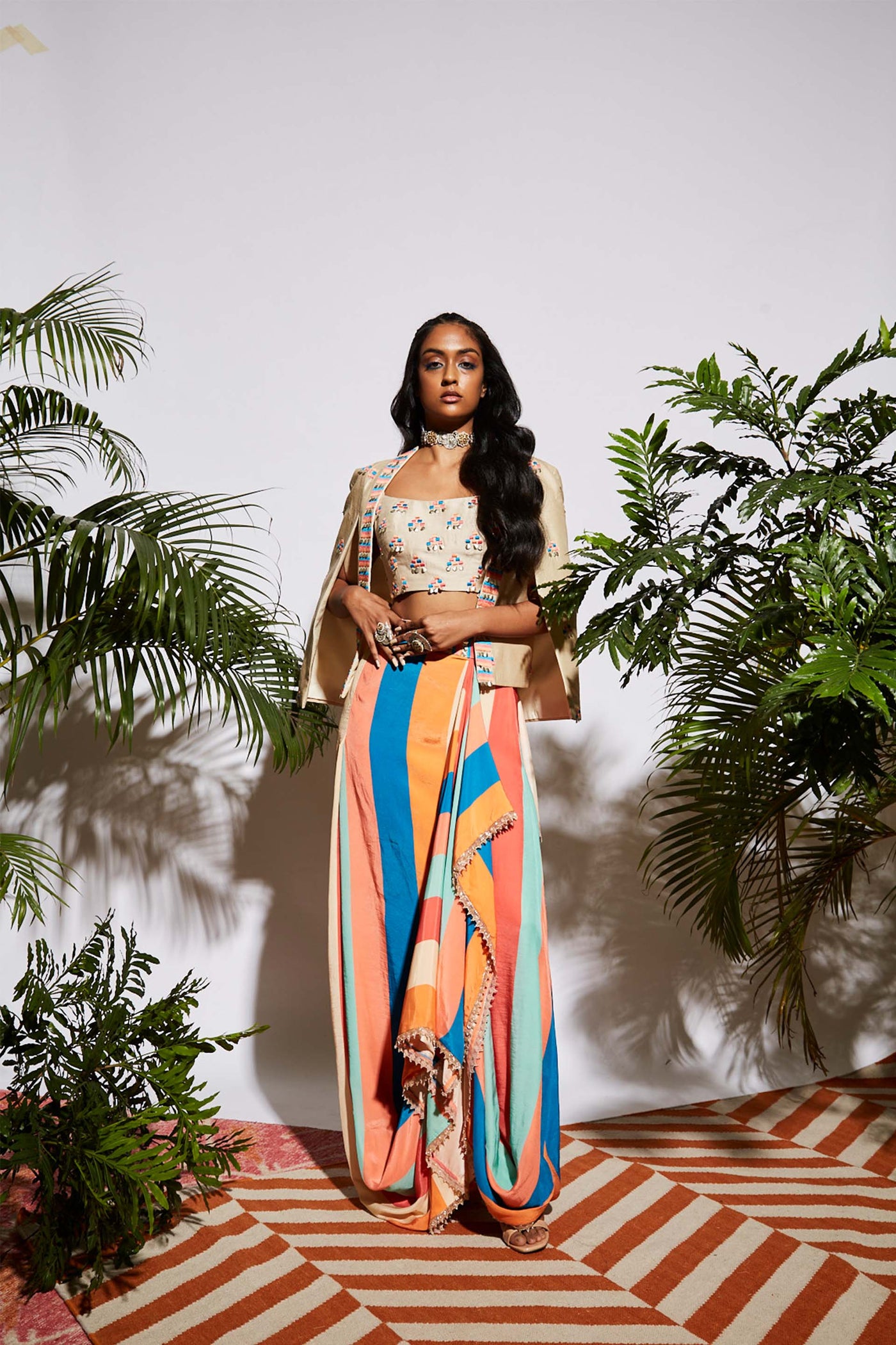 sva by sonam and paras modi Stripe Print Drape Skirt Set beige multicolor fusion indian designer wear online shopping melange singapore