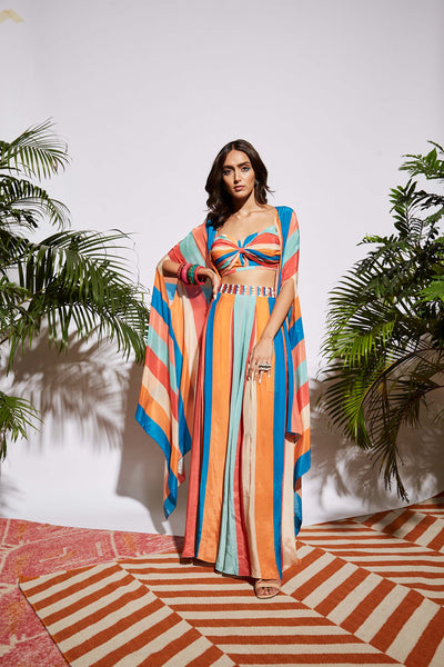 sva by sonam and paras modi Stripe printed box pleated pants with bikini bustier & cape multicolor western fusion indian designer wear online shopping melange singapore