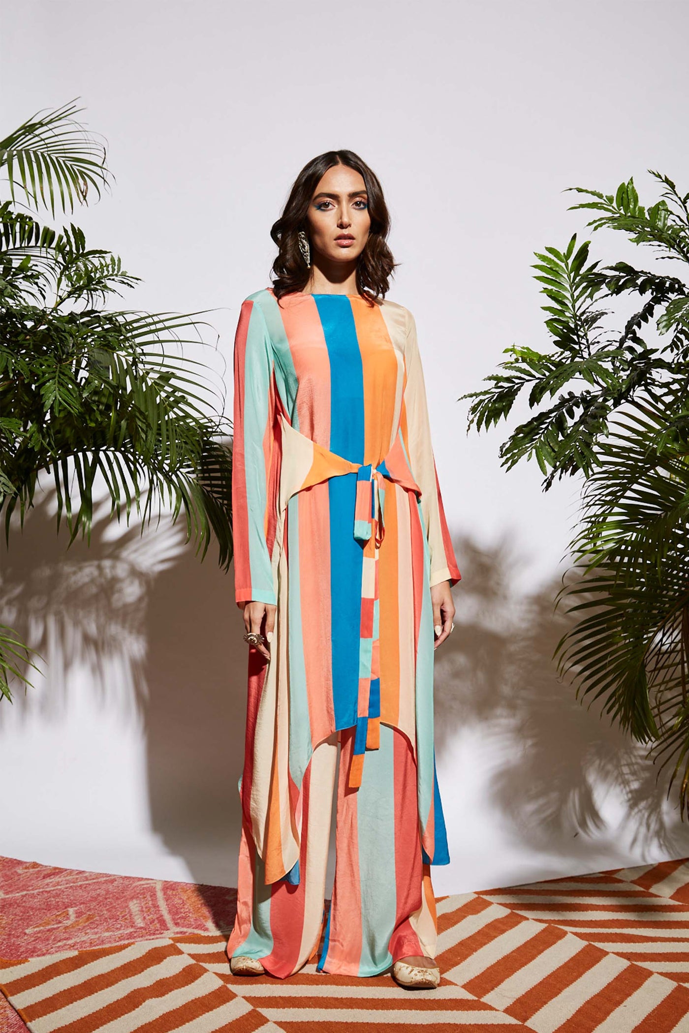 sva by sonam and paras modi Stripe Printed Front Tie Up Tunic mulitcolor fusion indian designer wear online shopping melange singapore