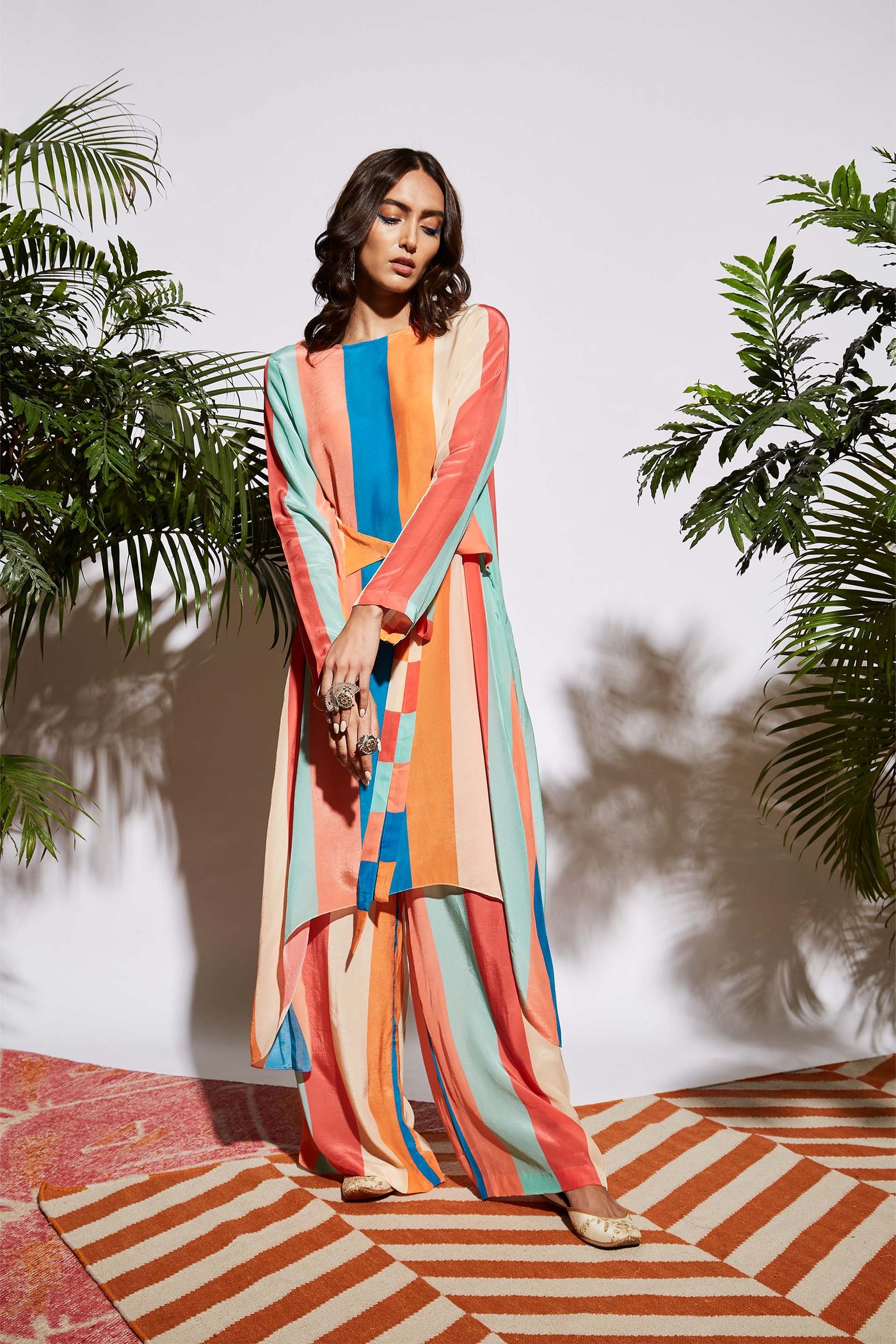 sva by sonam and paras modi Stripe Printed Front Tie Up Tunic mulitcolor fusion indian designer wear online shopping melange singapore