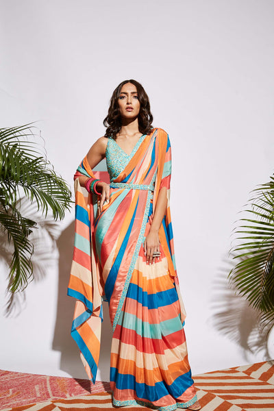 sva by sonam and paras modi Stripe printed saree with khichadi blouse and cape multicolor fusion indian designer wear online shopping melange singapore