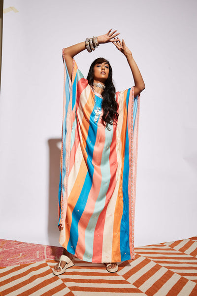 SVA by sonam and paras modi Multicolor Stripe Print Kaftan fusion indian designer wear online shopping melange singapore