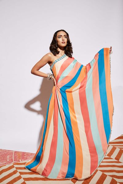 Sva by sonam and paras modi Stripe Print One Shoulder Saree With Pants multicolor fusion indian designer wear online shopping melange singapore