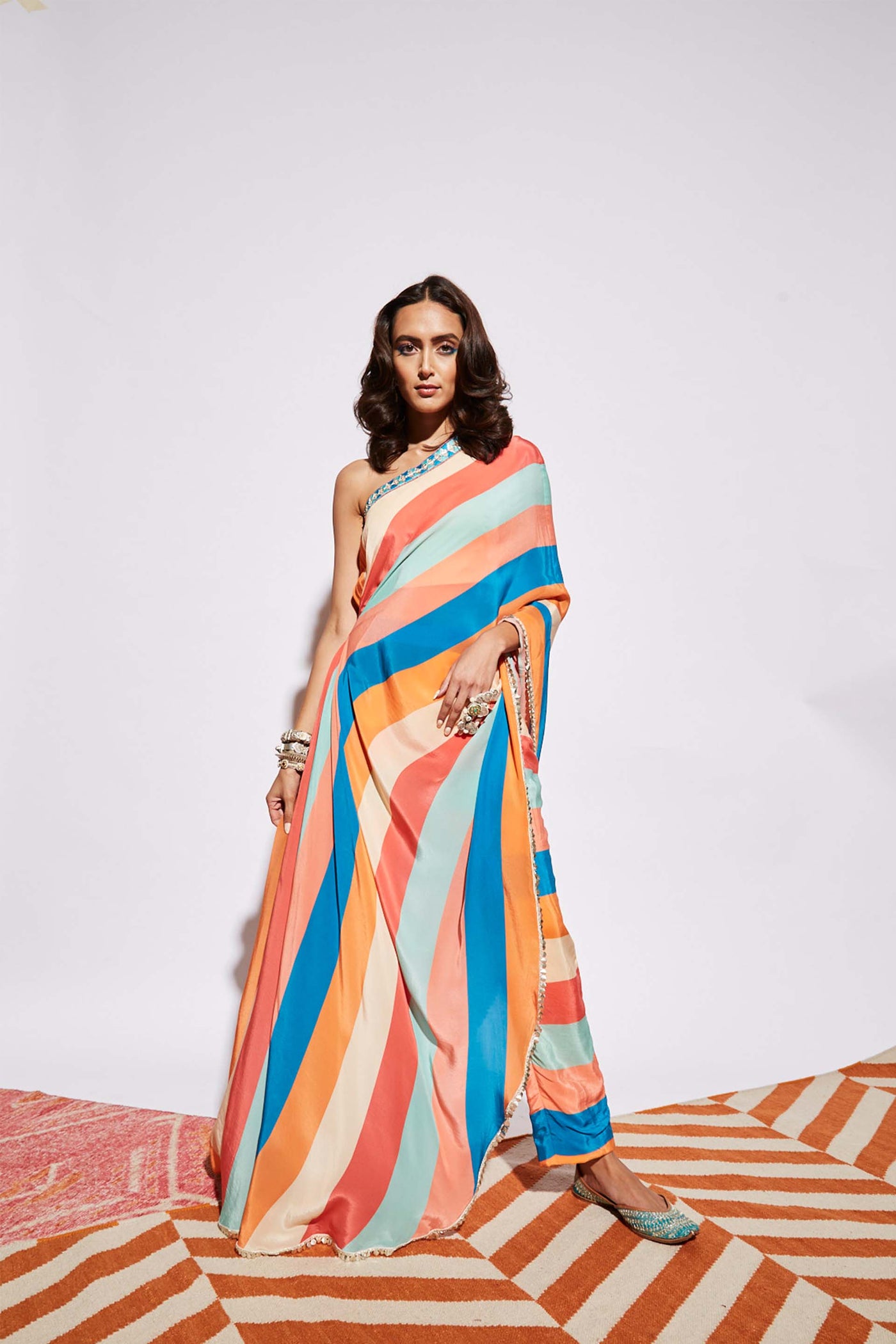 Sva by sonam and paras modi Stripe Print One Shoulder Saree With Pants multicolor fusion indian designer wear online shopping melange singapore